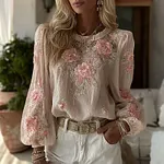 Women's Floral Embroidery Long-sleeved Linen Blend Crew Neck T-shirt - Image 2