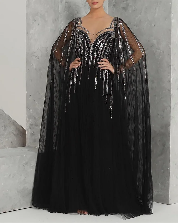 Women's Shawl Mesh Sequin Dress