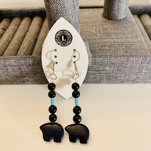 pornhint Pornhint Zuni Fetish Carved Animal Bear earrings in Black Goldstone and turquoise.