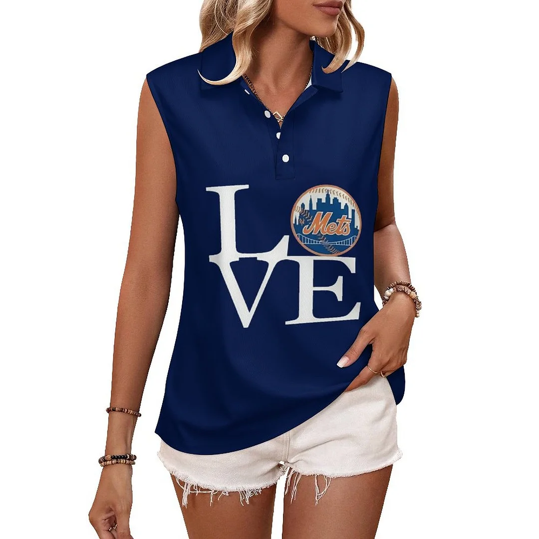 V-neck Sleeveless Casual POLO Shirt Tank Top for Women Printed with Pattern , Blue, Red