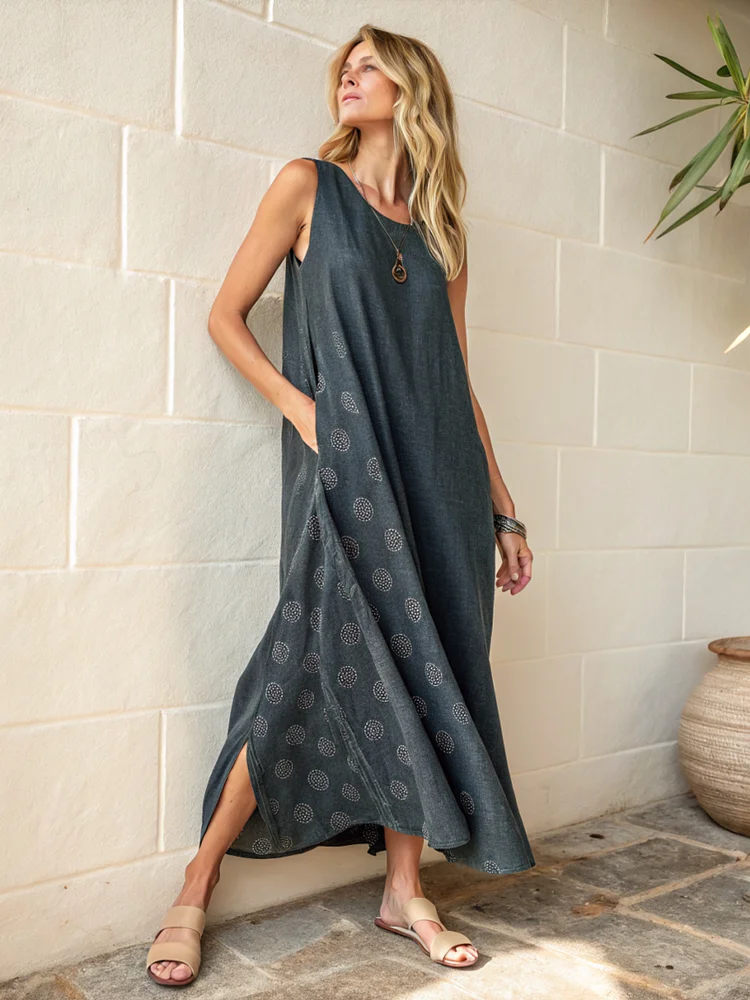 Linen Boho Sleeveless Printed Kaftan Maxi Dress