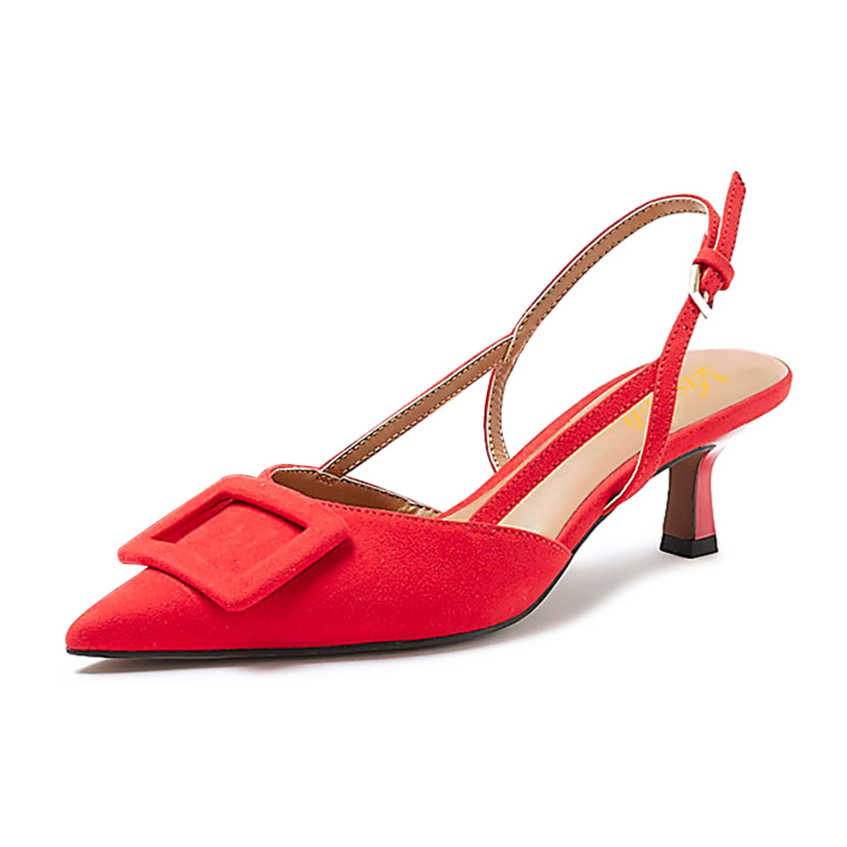 Vegan Suede Pointed Toe Kitten Heel Buckle Slingback Pumps in Red Nicepairs