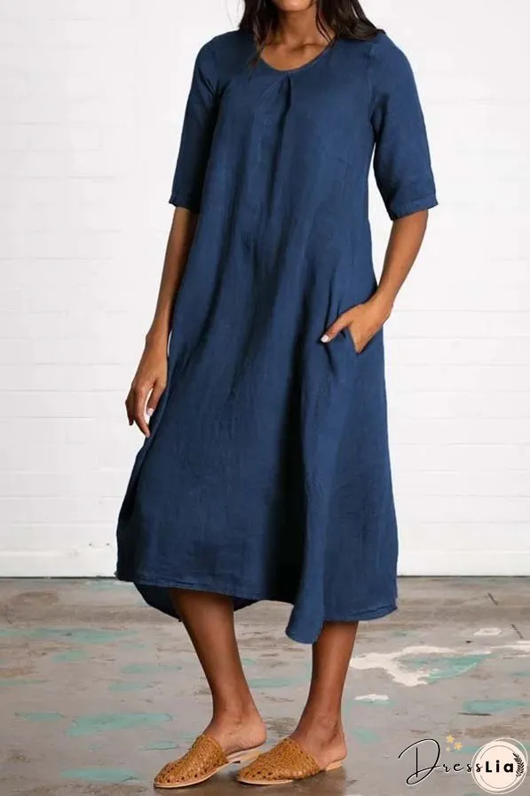 Round Neck Half Sleeve Long Solid Color Casual Cotton Linen Dress