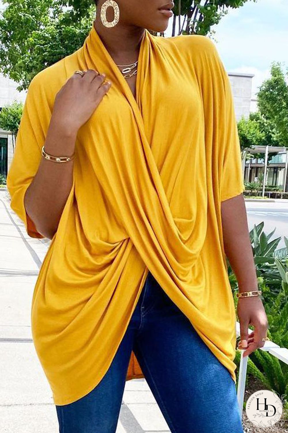 Blue Casual Solid Patchwork Fold Asymmetrical V Neck T-Shirts