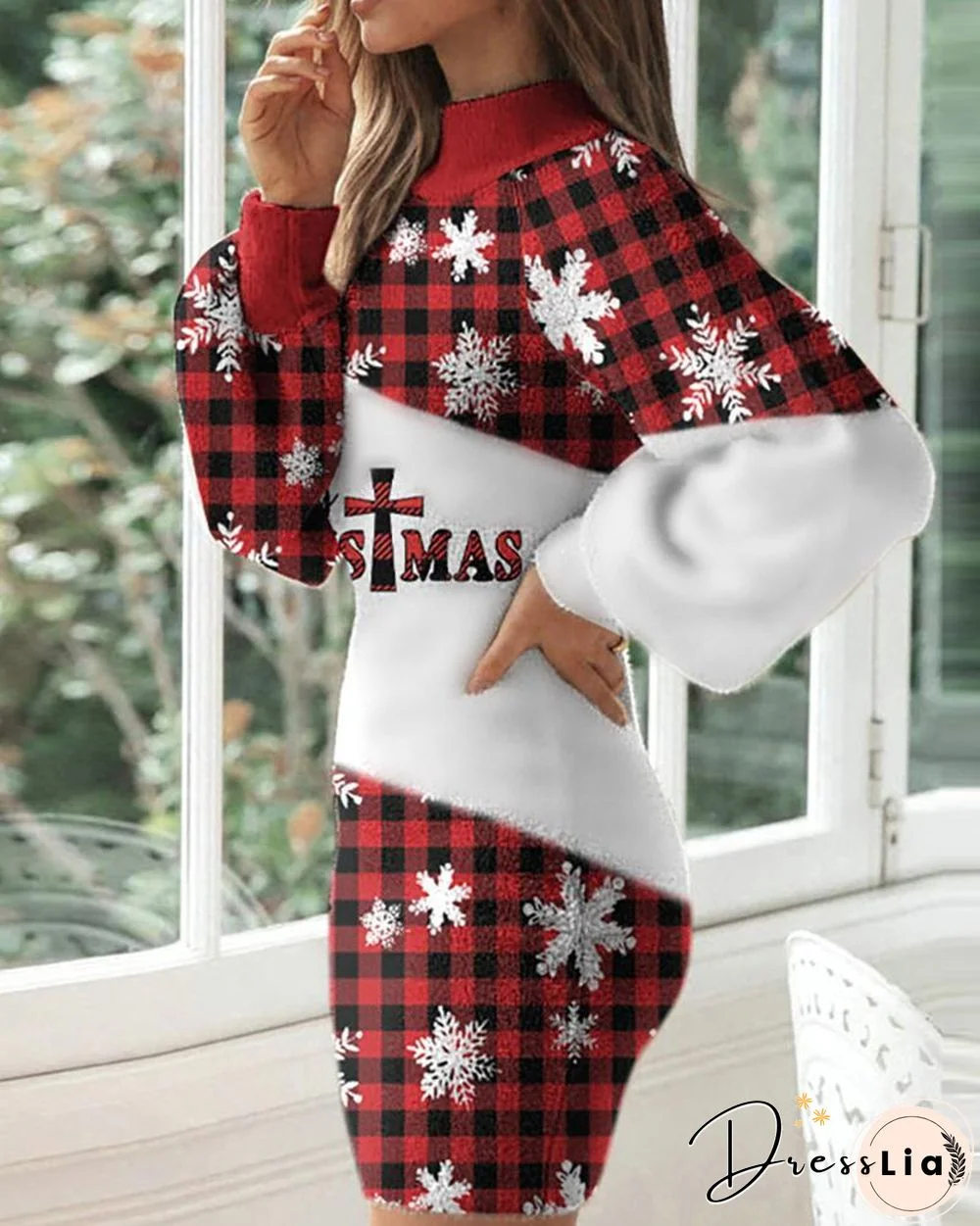 Christmas Print Lantern Sleeve Plaid Sweater Dress P10820