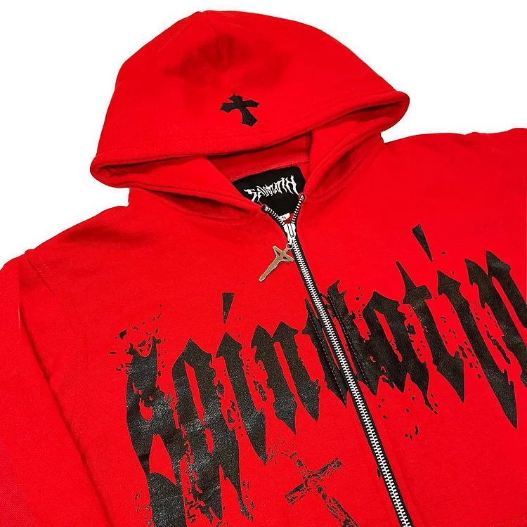 Letter Printed Street Solid Color Zipper Sweatshirt Men's Zip Up Hoodie at Hiphopee