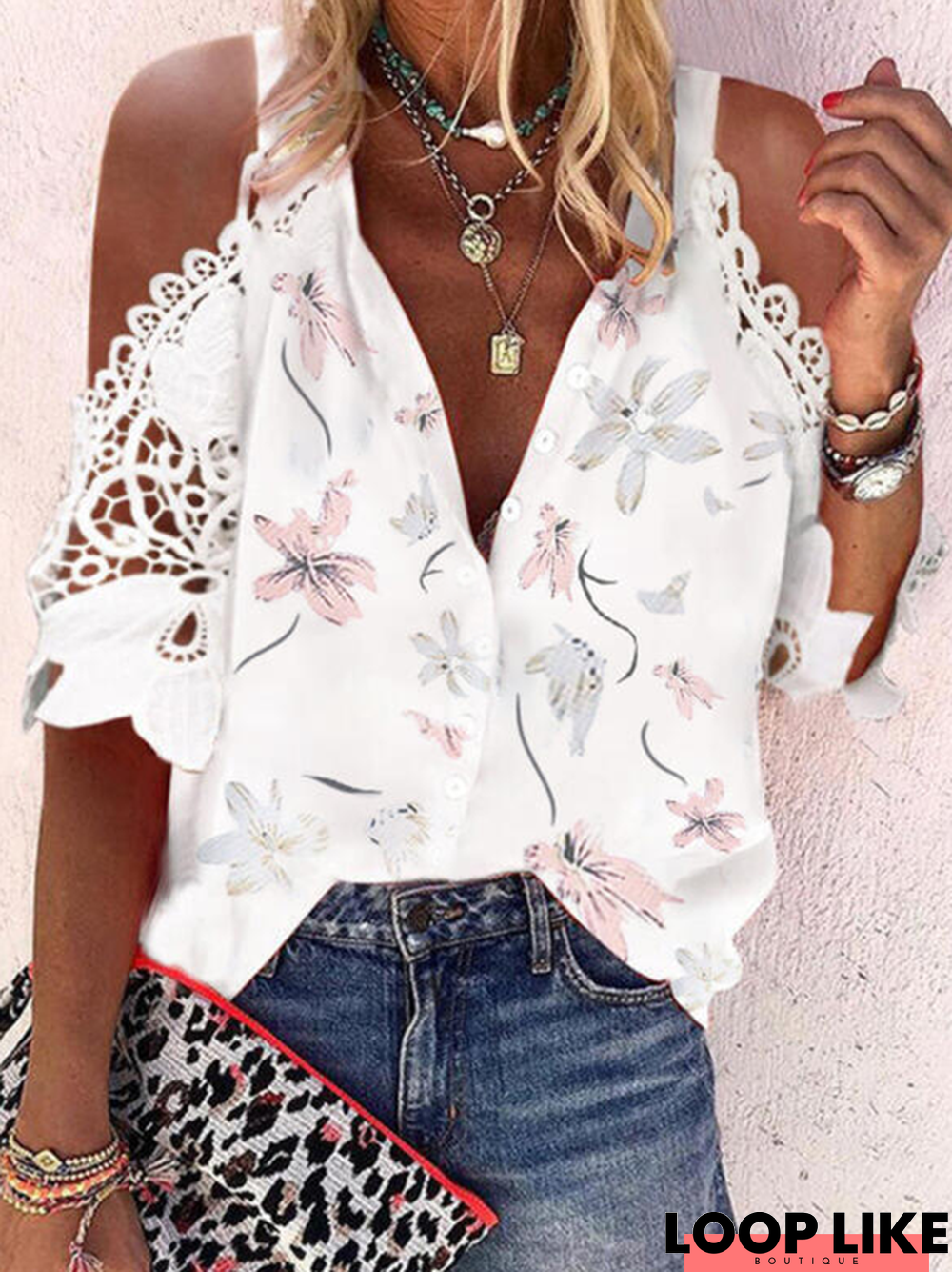 Holiday Floral-Print Short Sleeve Blouse