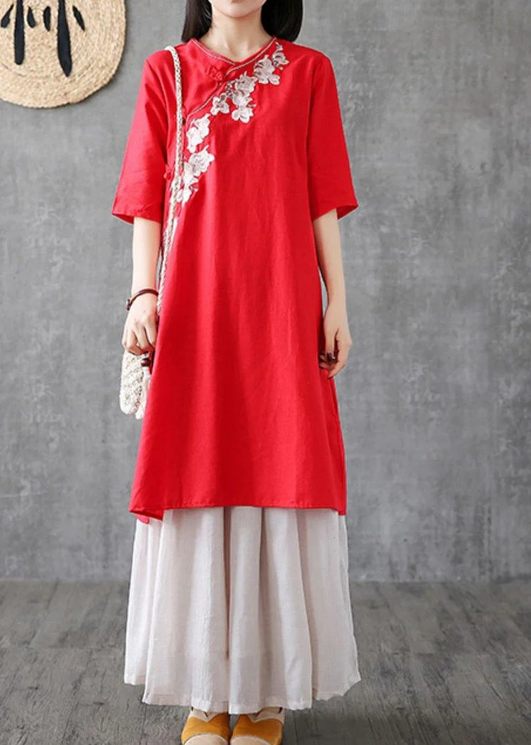 Chic red cotton dresses embroidery Chinese Button short  Dress