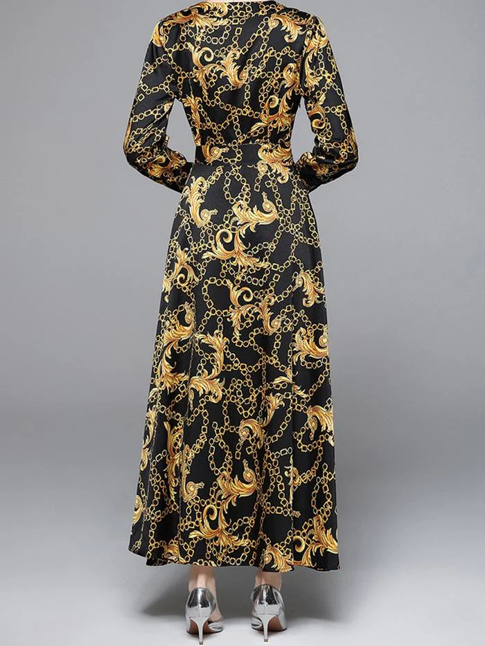 V-neck Long-sleeved Floral Print Dress