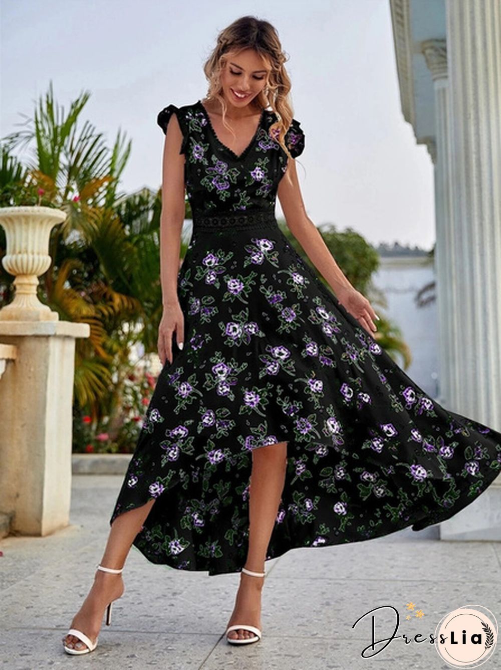 Summer Dresses Women Fashion V-neck Sleeveless Lace Patchwork Floral Print Holiday Long Dress Casual Vestido Party Dress