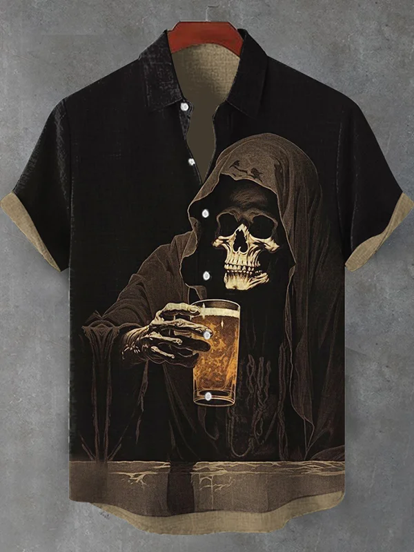 Men's Mysterious Cape Skeleton Man Beer Art Print Shirt