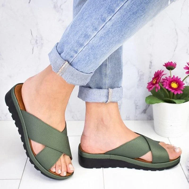 Summer Women Comfy PU Leather Shoes Ladies Platform Flat Sandal Soft Big Toe Foot Orthopedic Correction Casual Sandal 924
