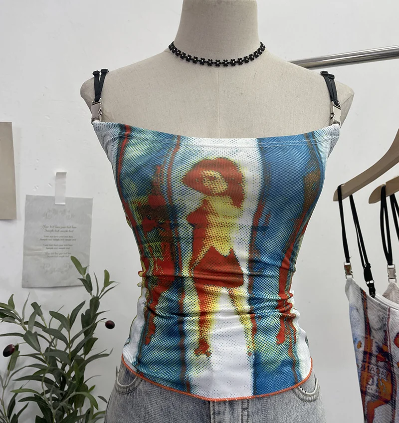 Uveng Sexy Hottie Shoulder Strap Small Print Slimming Sling Vest Short Sleeveless Top 8830