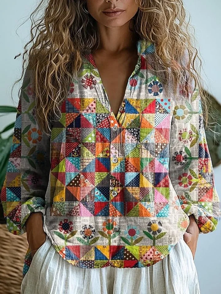 Women's Vintage Geometric Pattern Art Print Casual Long Sleeve Comfortable Cotton Shirt