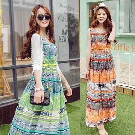 S-XL Orange/Green Bohemia Floral Printing Beach Maxi Dress SP152631