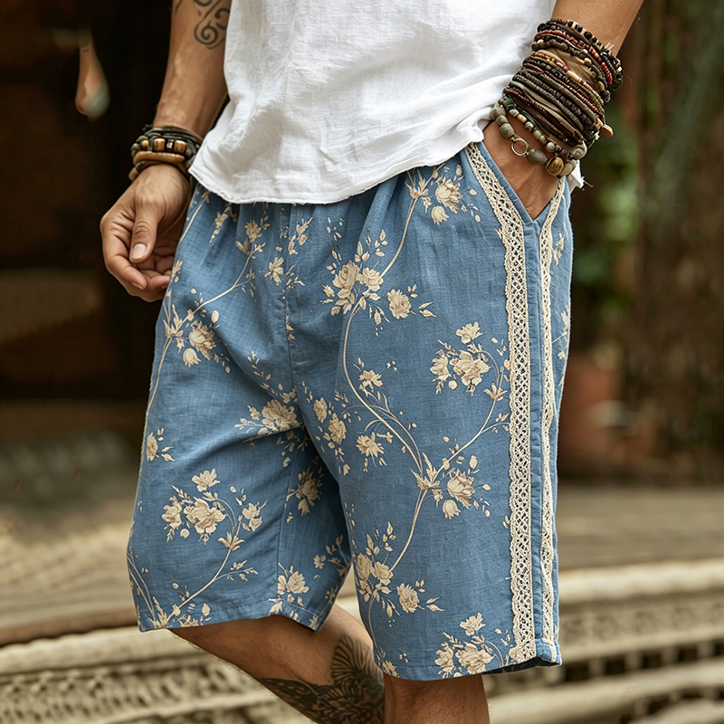 Comstylish Men's Retro Bohemian Floral Print Casual Linen Shorts