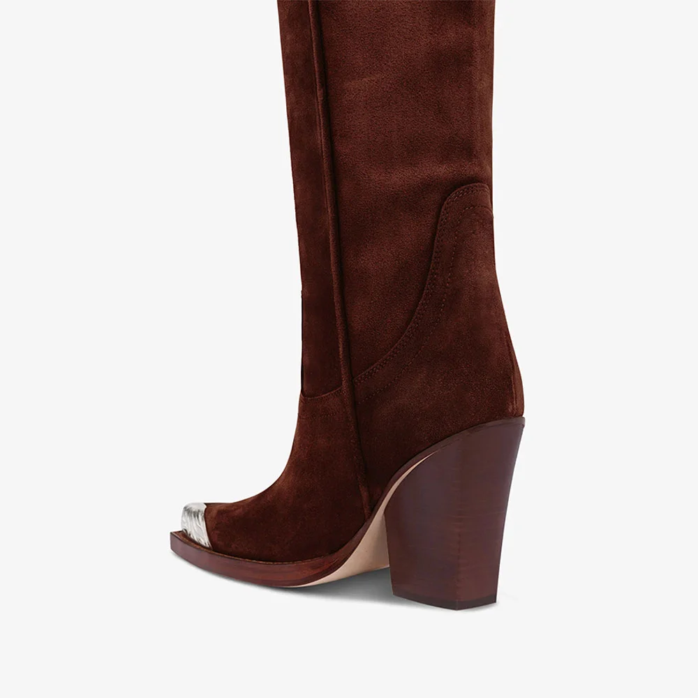 Brown Pointed Toe Stitching Knee High Western Boots for Women