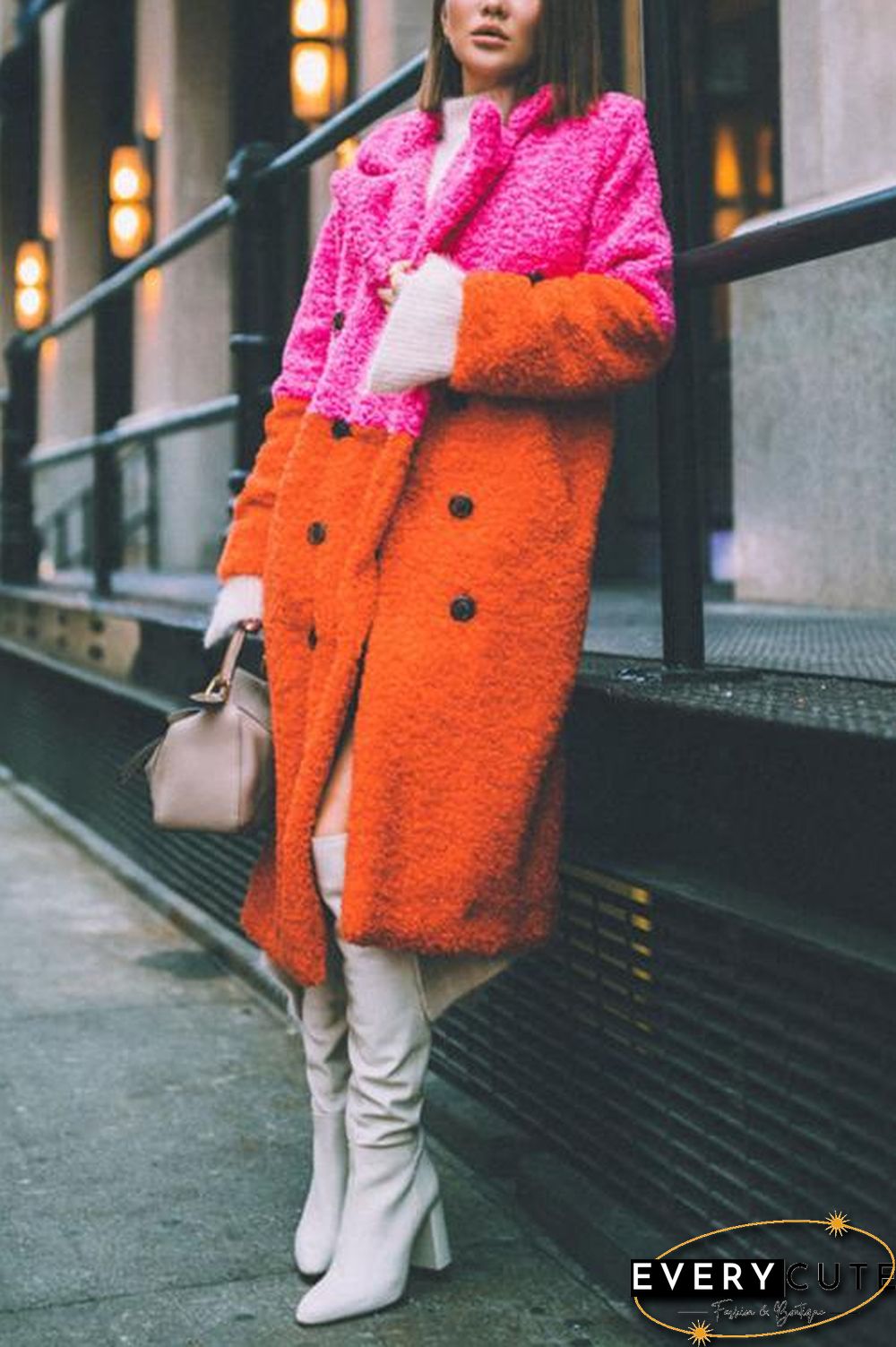 Plush Color Block Button Pocket Coat