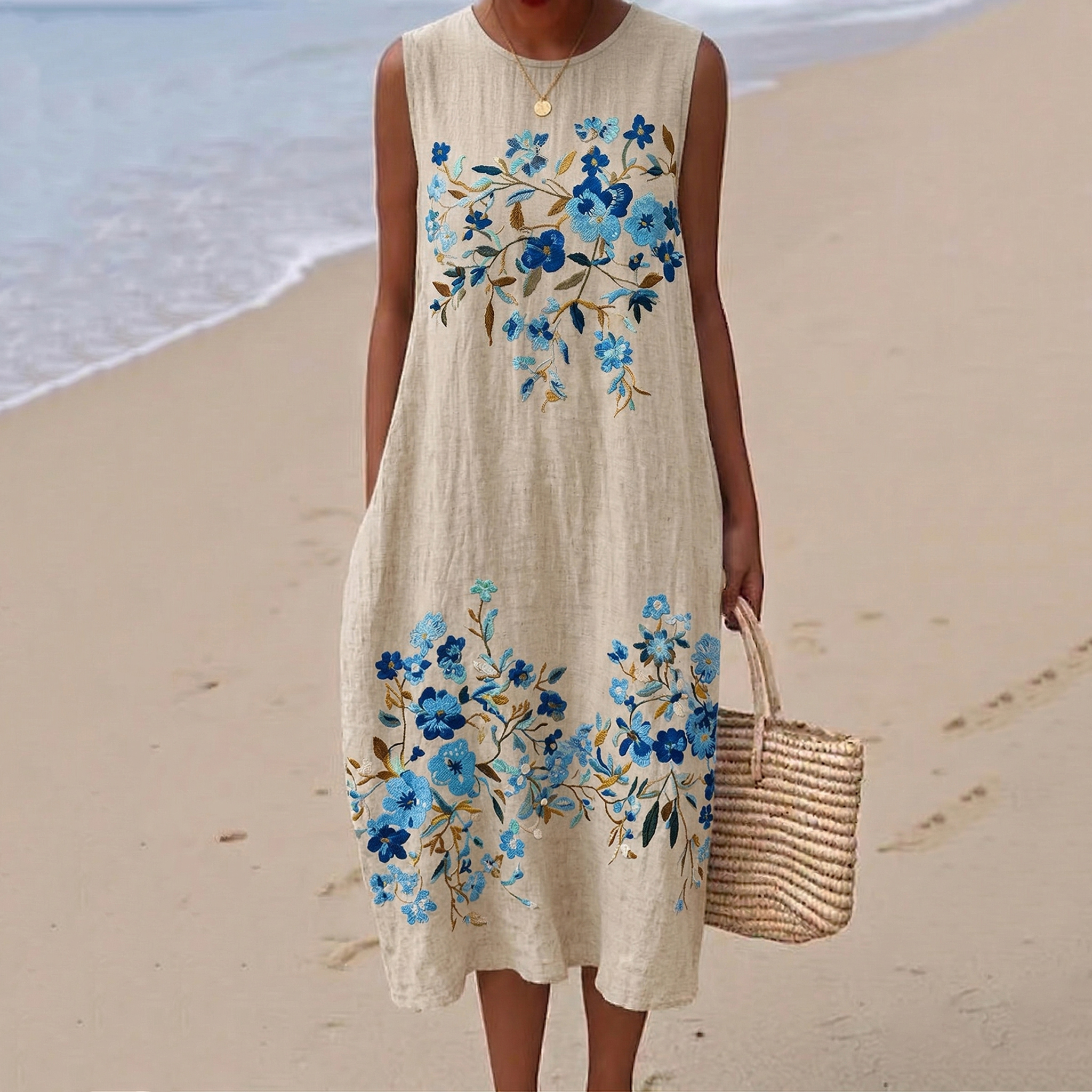 Women's Flower Pattern Round Neck Sleeveless Loose Midi Dress elevenforest