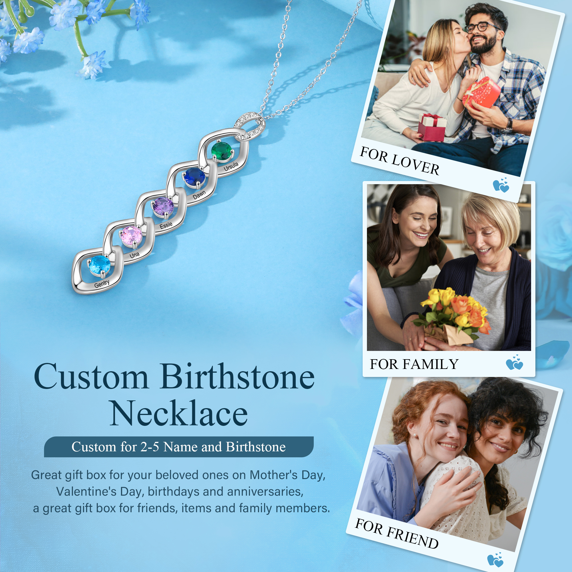 Personalised Pendant Necklace Custom 5 Birthstones Engraved 5 Names Necklace Gift for Women-Jessemade AU