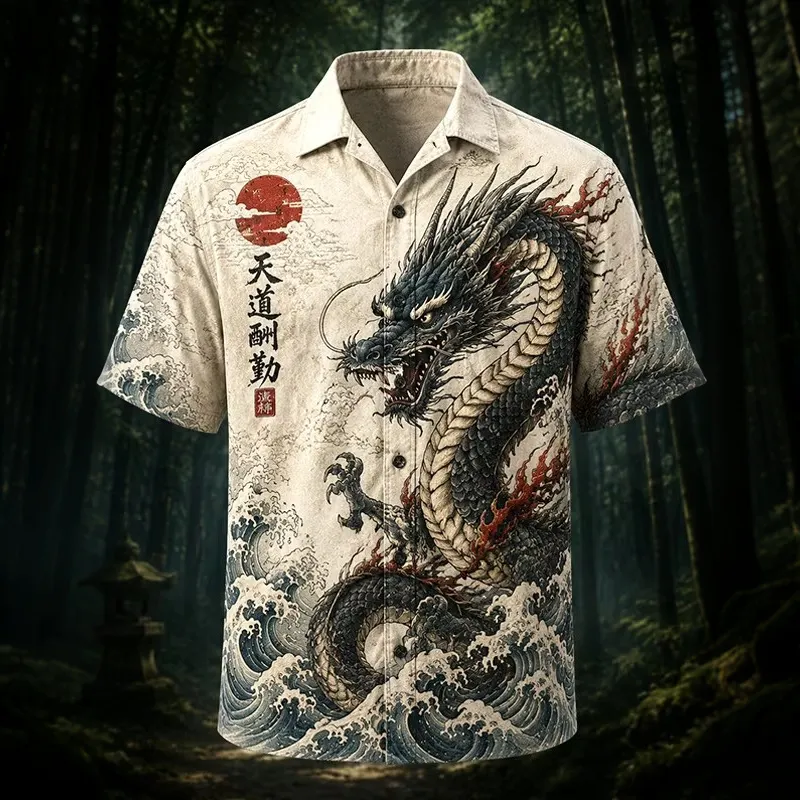 Men's Ukiyo-e Wave Red Sun Dragon Print Short Sleeve Shirt  artssus