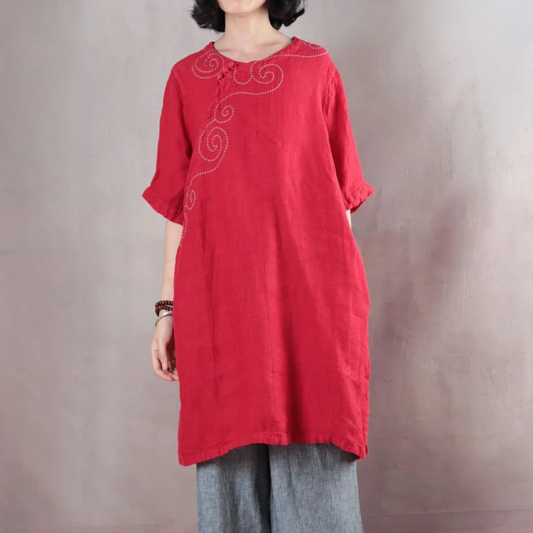 Elegant red pure linen tops plus size linen t shirt boutique half sleeve embroidery fabric O neck linen clothing tops