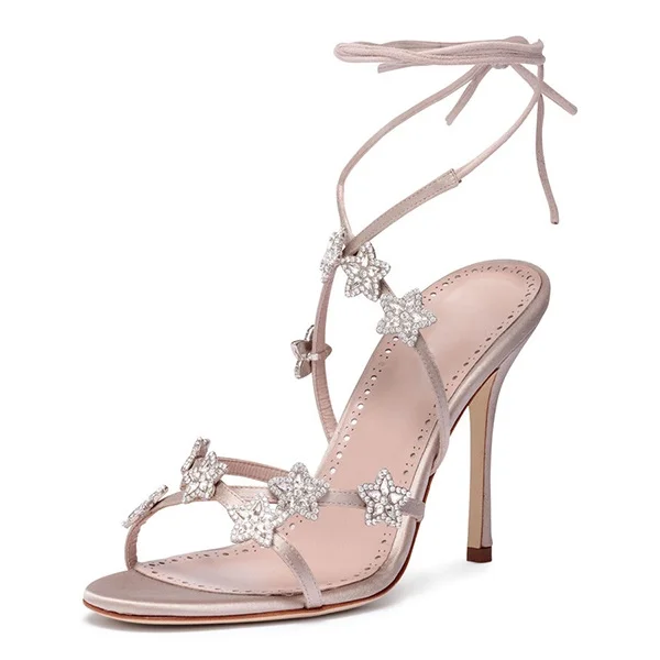 Pink Satin Rhinestones Cross Over Stiletto Heel Ankle Strap Sandals |FSJ Shoes