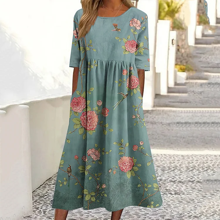 Simpfit Damen Vintage Blumen Vogel Kunstdruck Kurzarm Midikleid