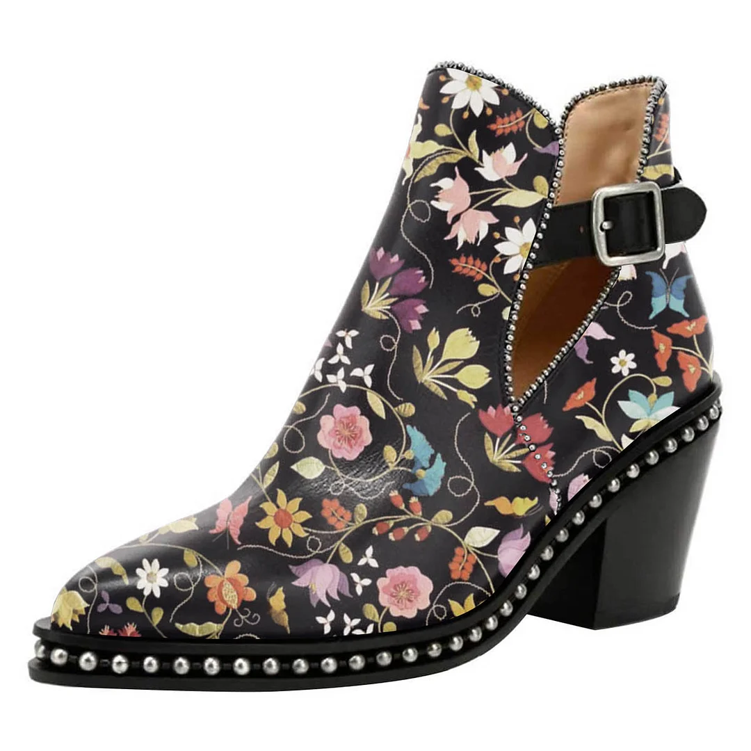 Chunky Heel Studded Pointed Toe Flower Print Buckle Strap Ankle Boots