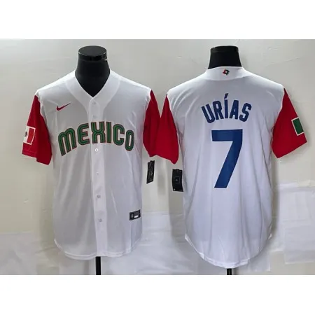 Men's Mexico Baseball #7 Julio Urias 2023 White Red World Baseball With Patch Classic Stitched Jersey HG0C