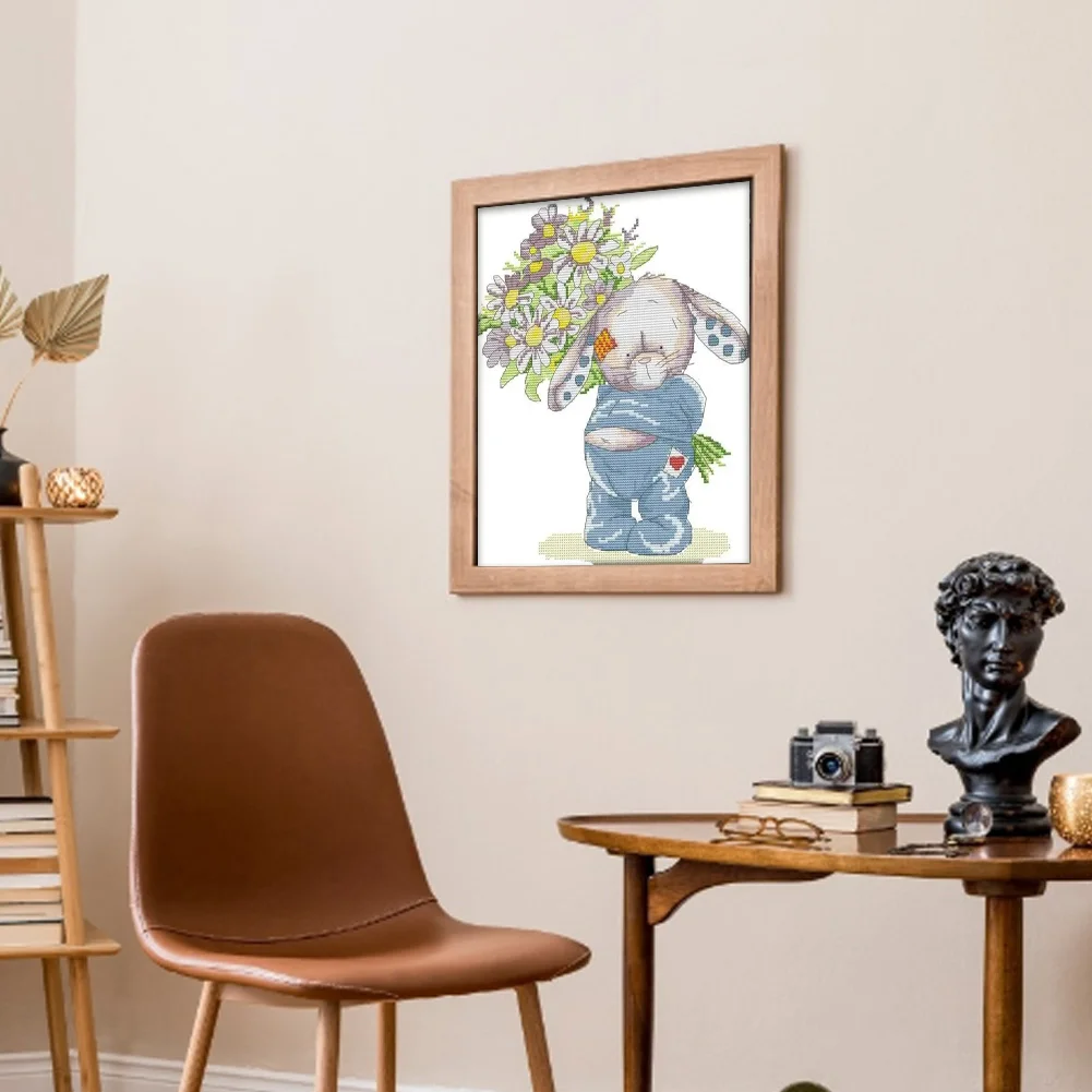 DIY Stamped Cross Stitch 14CT Partial Embroidery 28*32cm - Bunny Presents Flowers