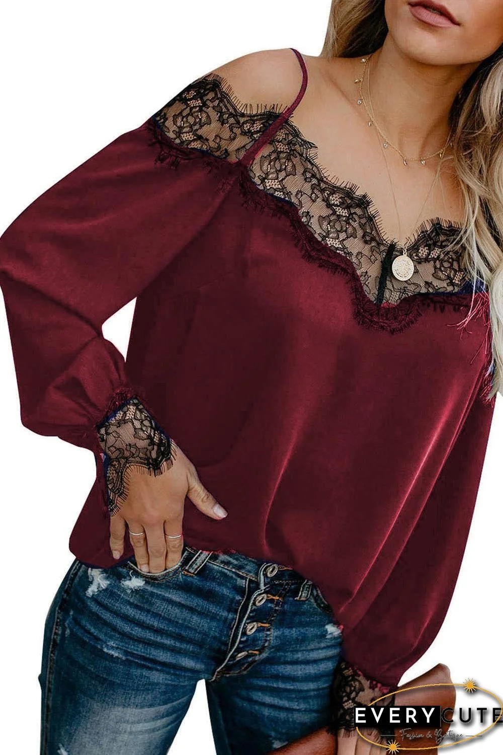 Wine Red Lace Cold Shoulder Blouse