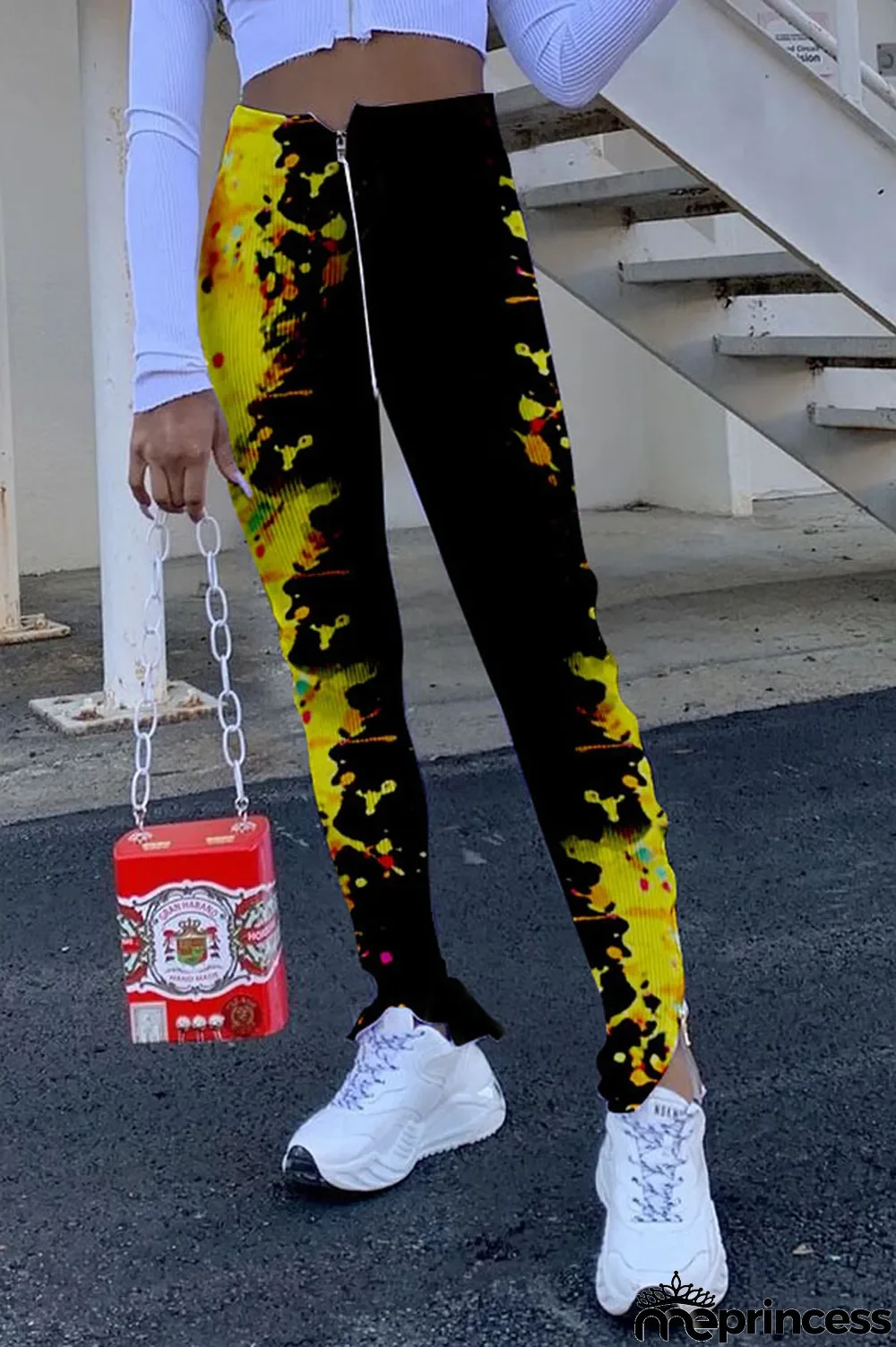 Red Polyester Zipper Fly High Print pencil Pants Bottoms