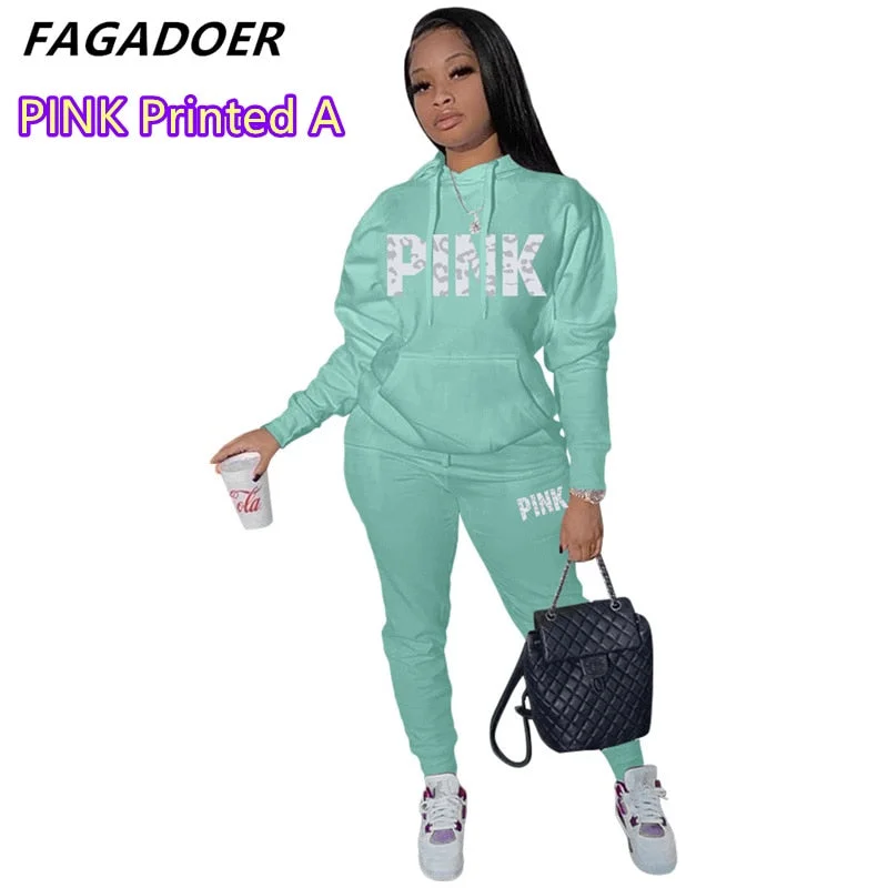 FAGADOER Hoodies Sporty Two Piece Set Women PINK Letter Print Sweatshirt And Skinny Pants Tracksuit Autumn Winter Casual Outfits