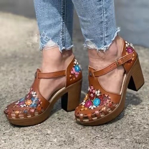 Women’s Fashion Retro Print Handmade Block Heel Sandals