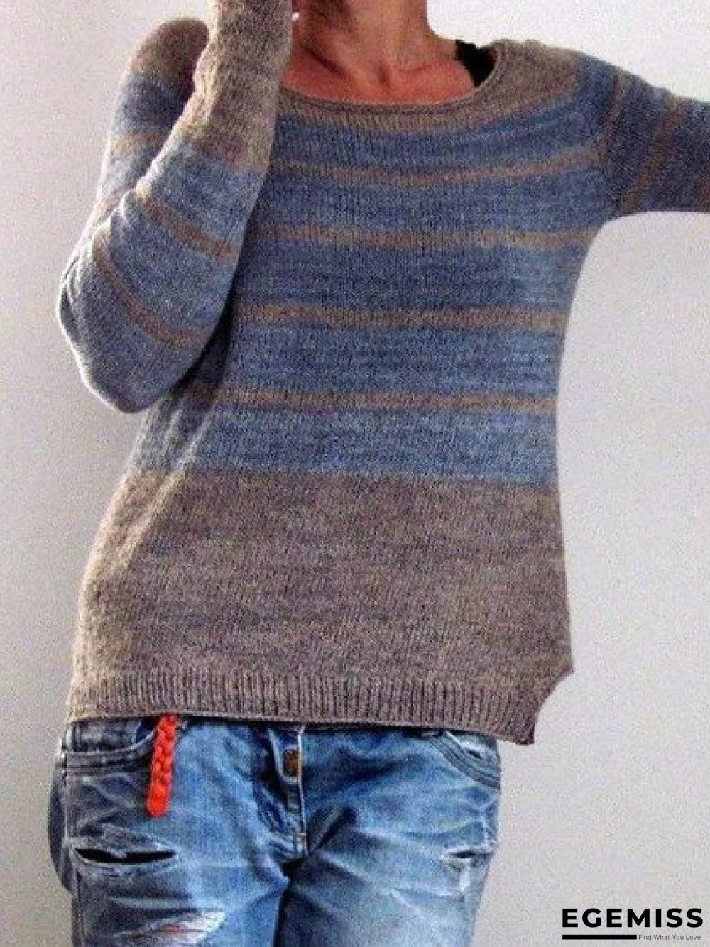 Blue Casual Knitted Round Neck Sweater | EGEMISS