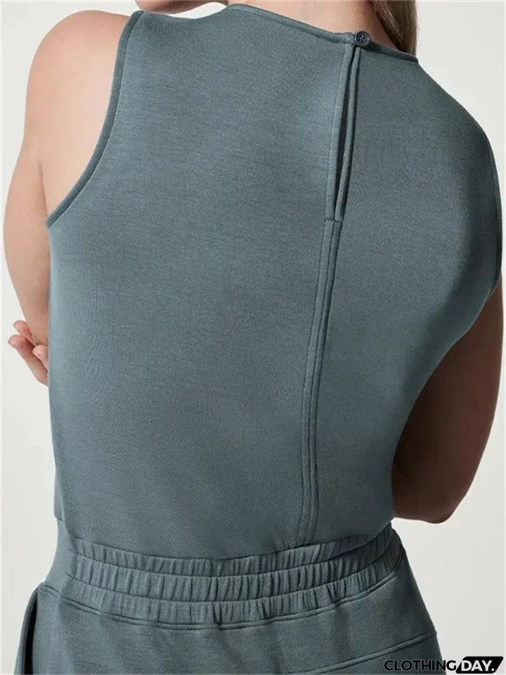 Ladies Summer Relaxed Crew Neck Sleeveless Straight Leg Jumpsuit