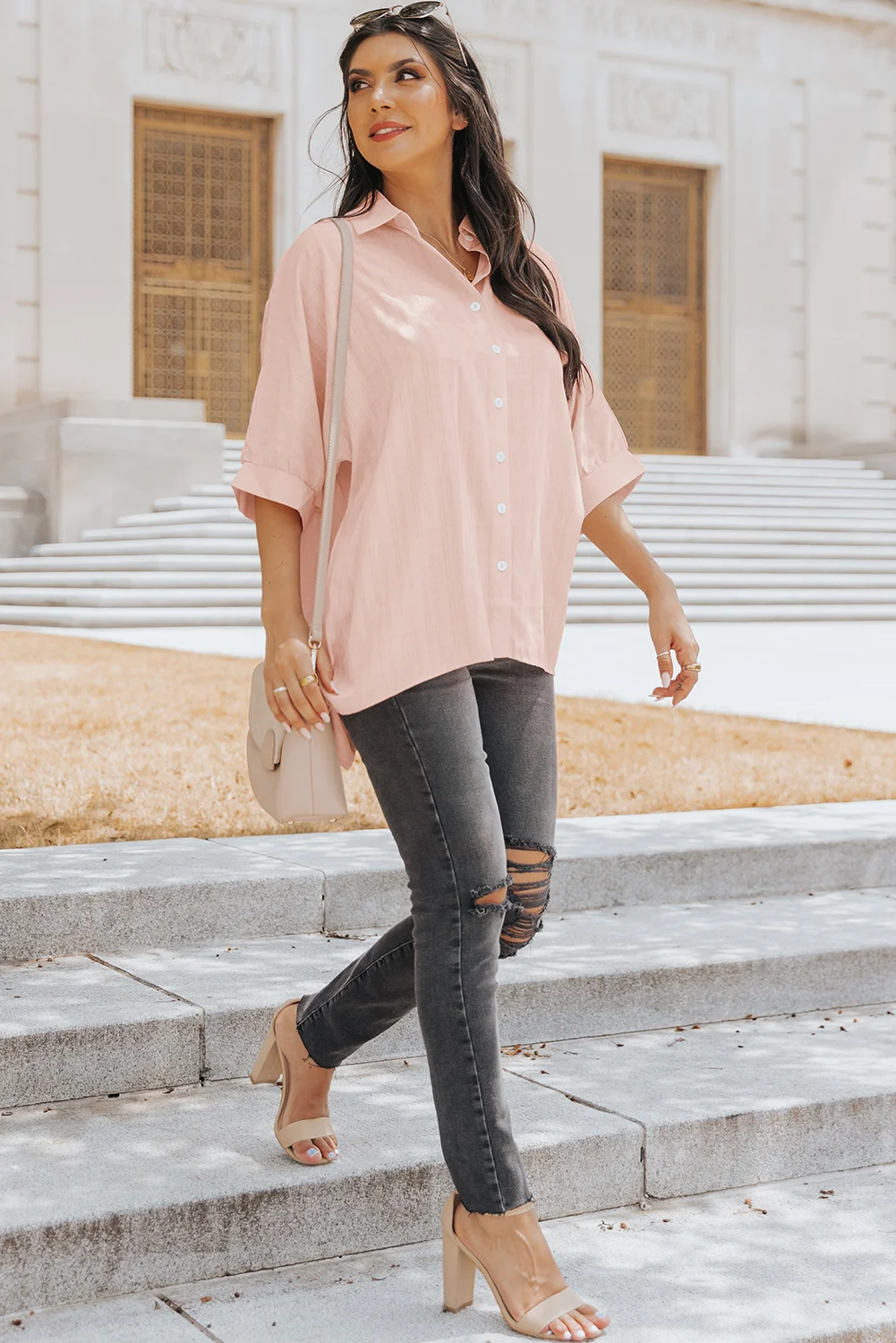 Pink Button Front Dolman Sleeves Shirt