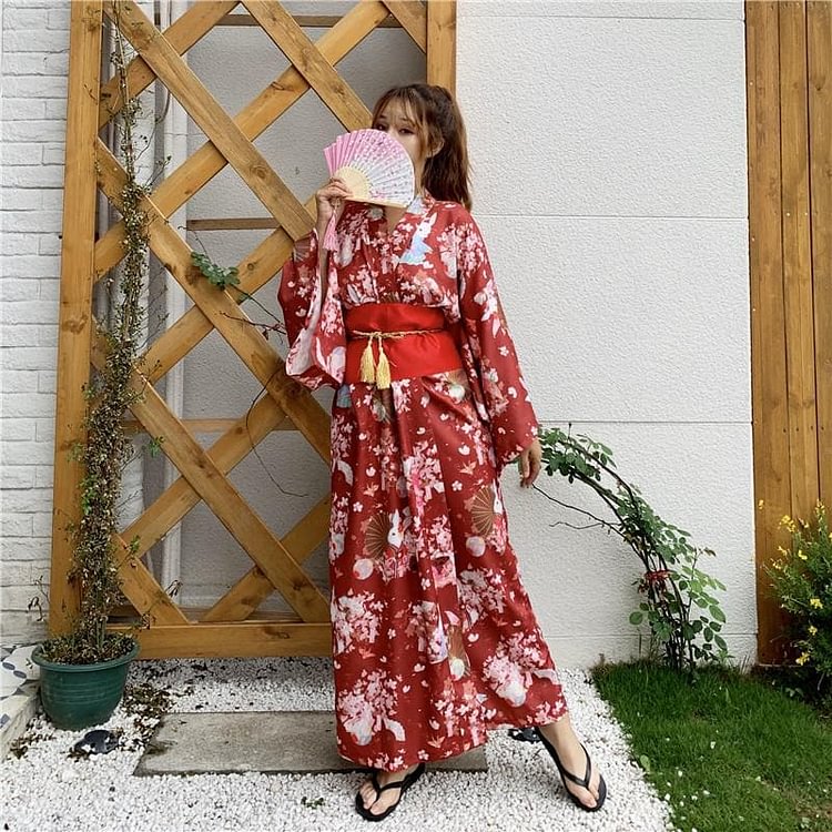 Red Kawaii Sakura Bunny Kimono Coat SP14596