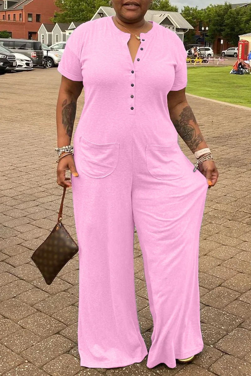 Pink Fashion Casual Solid Patchwork V Neck Plus Size Jumpsuits | EGEMISS
