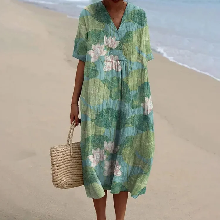 Women'S Lotus Art V-Neck Dress