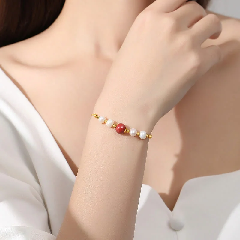 925 Sterling Silver Pearl Cinnabar Healing Bead Chain Bracelet