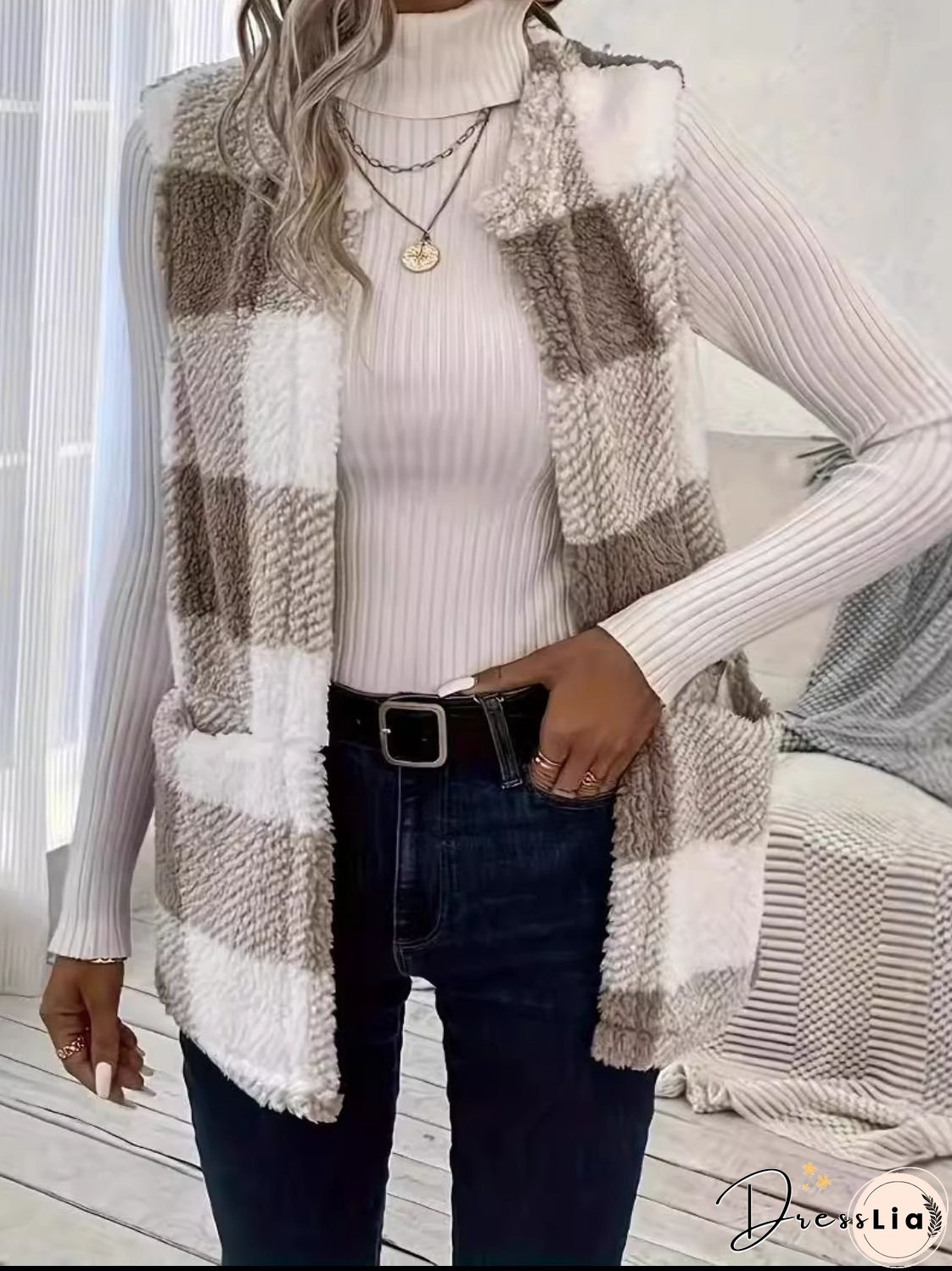 Plaid Open Front Vest Coat