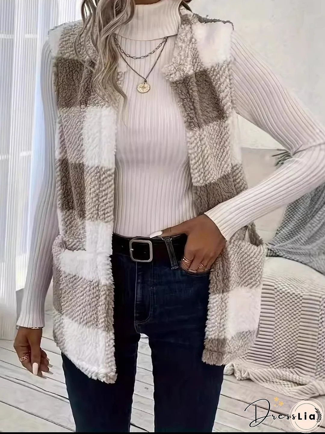 Plaid Open Front Vest Coat