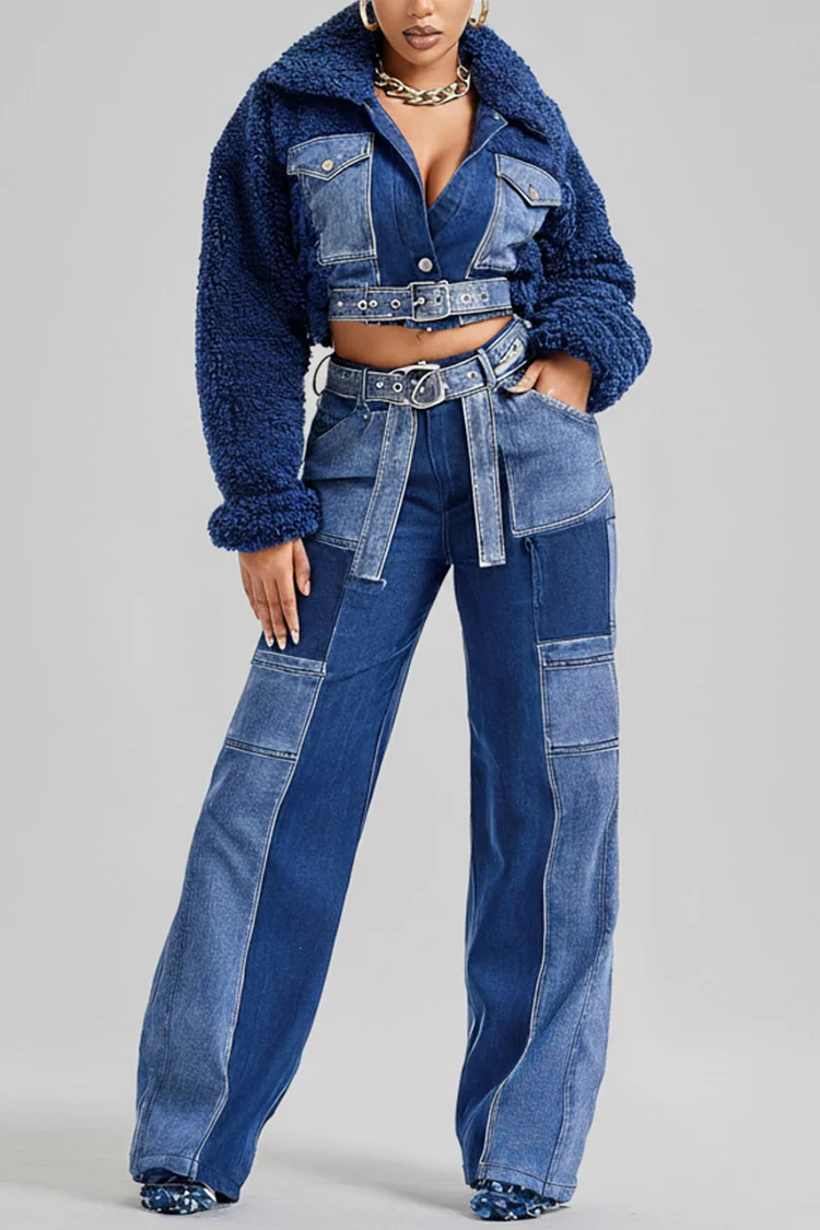 Xpluswear Design Plus Size Party Fleece Blue Colorblock Turndown Collar Long Sleeve Pocket Casual Contrast Denim Two Piece Pant Sets [Pre-Order]