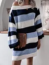 Off-The-Shoulder Contrast Color Striped Loose Long Sleeve Sweater Mini Dress