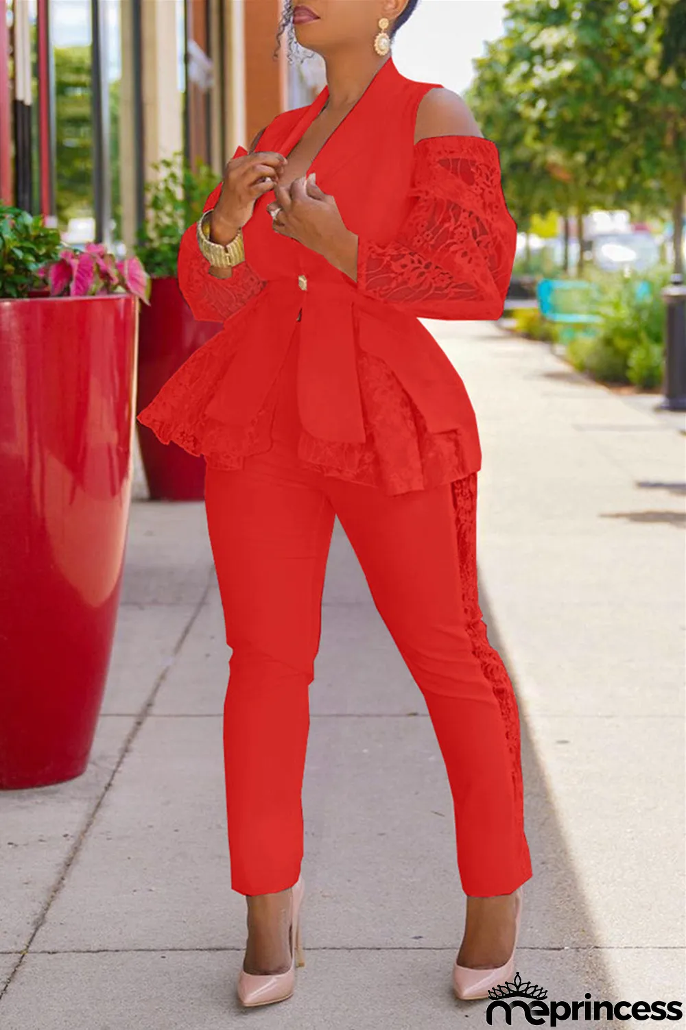 White Fashion Casual Patchwork Hollowed Out Turndown Collar Long Sleeve Two Pieces