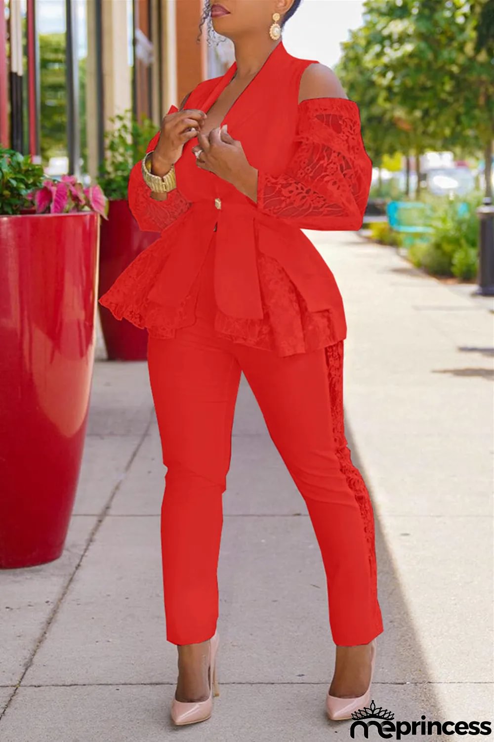 White Fashion Casual Patchwork Hollowed Out Turndown Collar Long Sleeve Two Pieces