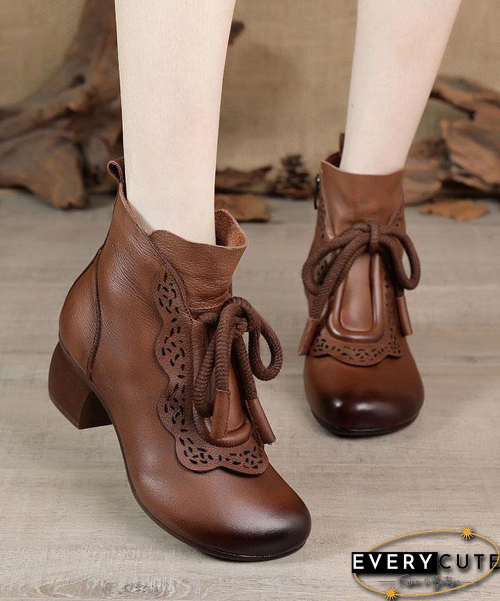 Black zippered Cowhide Leather Boots Lace Up Boots