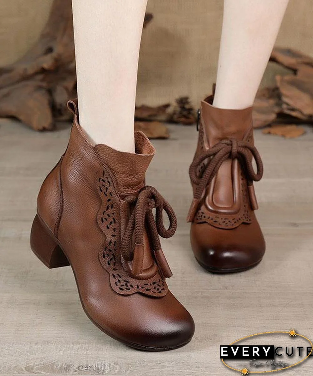 Black zippered Cowhide Leather Boots Lace Up Boots